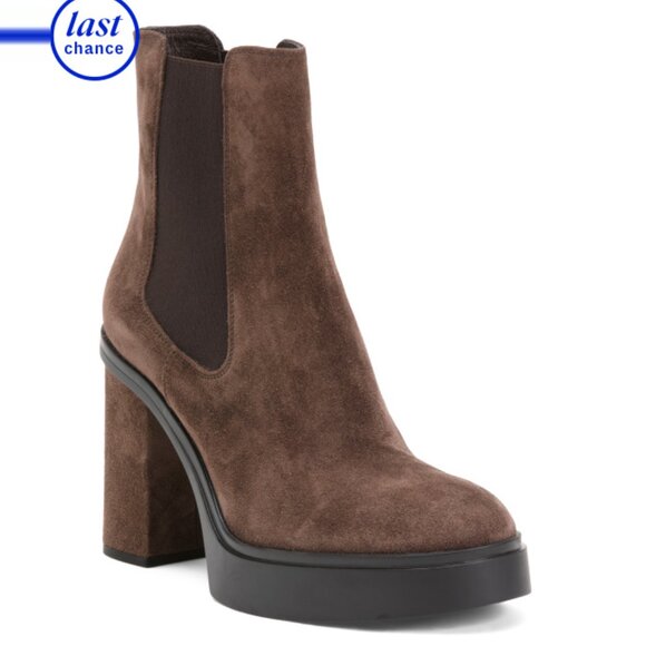 SANTONI Brown Made In Italy Suede Heeled Chelsea Booties - Picture 1 of 2